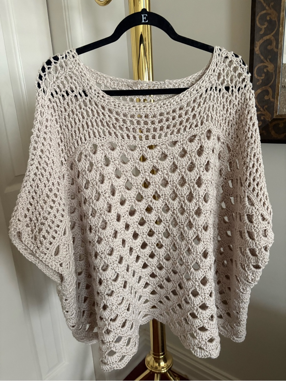 Hand Crafted Cream Open-Knit Crochet Poncho Sweater